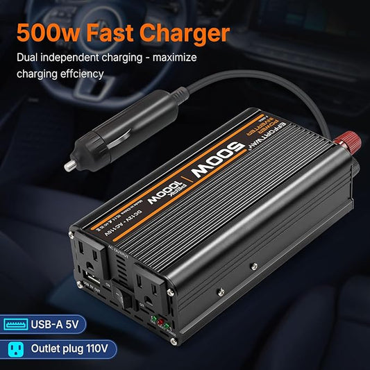 500W Power Inverter, Inverter 12V to 110V with 2 AC Outlets, 2.1A USB Port, Car Power Inverter with Alligator Battery Clamp for Phone, Laptop on Camping, Road Trip