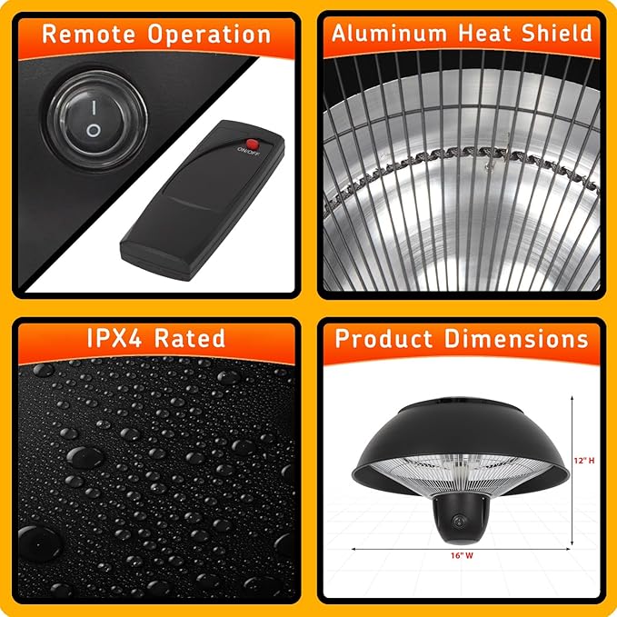 Infrared Hanging Electric Patio Heater W/Remote, Ceiling Mounted, 1500W, Indoor/Outdoor, IPX4 Water-Resistant, 360° Heat, 6.5’ Radius, 3-Second Warm-Up