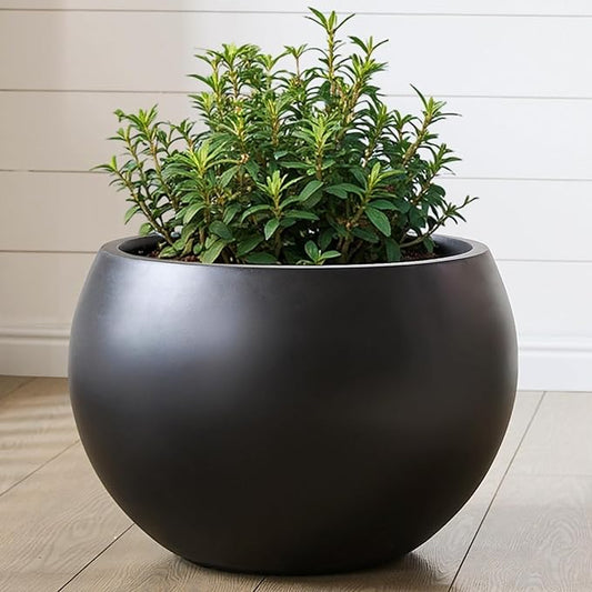 Fiberstone Sphere Planter, Black 15.8" Dia Round Flower Pot with Drainage Hole and Removable Plug, Round Plant Pot for Indoor Outdoor Use, 11.8" Opening-10.9" H, Medium