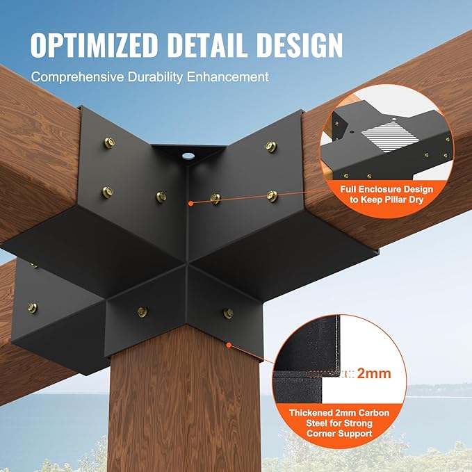 VEVOR Pergola Bracket Kit 4''x4''(Inner Size 3.6x3.6), 2pcs 4-Way Heavy Duty Corner Bracket Woodworks DIY Post Base Kit, Easy Installation Wooden Beams for Gazebos, Patio Pergolas, Log Cabin