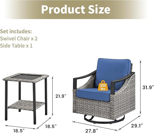 3 Pieces Outdoor Patio Furniture Sets - Wicker Swivel Patio Rocker Chairs Set of 2 with Glass Side Table, High Back Swivel Glider Chair with Deep Seating for Porch Deck Balcony Garden Gray/Blue