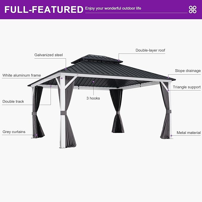 PURPLE LEAF 12' X 14' Outdoor Gazebo Galvanized Steel Double Roof White Aluminum Frame Hardtop Heavy Duty Gazebo with Curtain and Netting for Patio Garden and Backyard, Grey