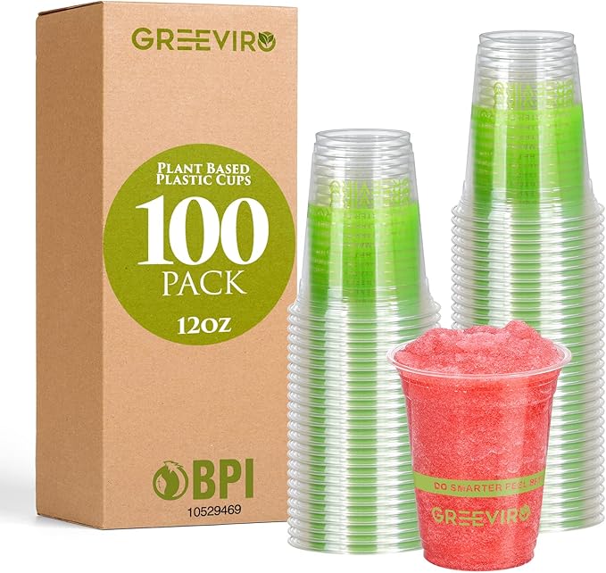 GREEVIRO Eco Compostable Plant-Based Clear Plastic Cups 12oz Thick, Reusable, Disposable Iced Coffee Cups for Smoothies, Beer & Any Beverages for Parties, Weddings & Gatherings
