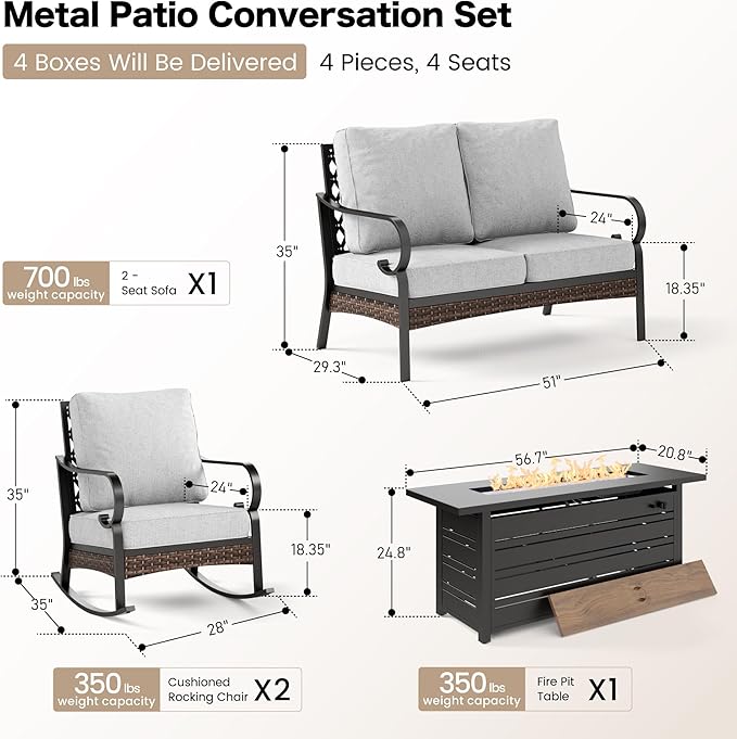 4 Piece Metal Outdoor Patio Furniture Sets with Firepit Table, Patio Conversation Sets 1 2-Seater Sofa, 2 Rocking Sofa with 5.75" Cushion Black Backyard Furniture for Deck, Light Gray