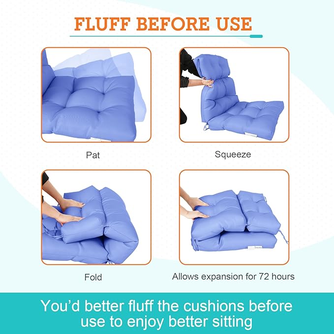 EAGLE PEAK Tufted Outdoor/Indoor High Back Patio Chair Cushions, Set of 2, 46'' x 22'', Ocean Blue