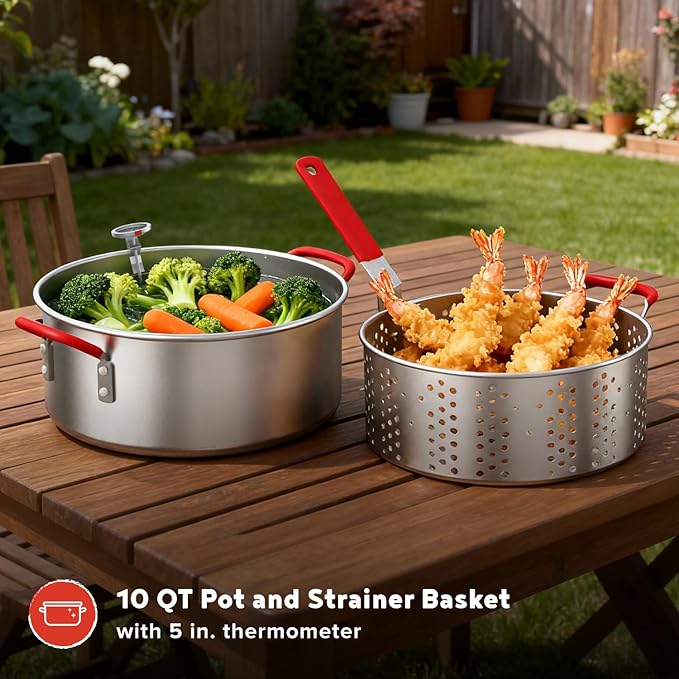 Megamaster 30QT Turkey Fryer and 10QT Fish Fryer Kit, Aluminum Fryer Steamer Kit with Basket and 50,000 BTU Burner, Outdoor Deep Fryer with 10 PSI Regulator for Turkey, Fish, Seafood - 840-45014