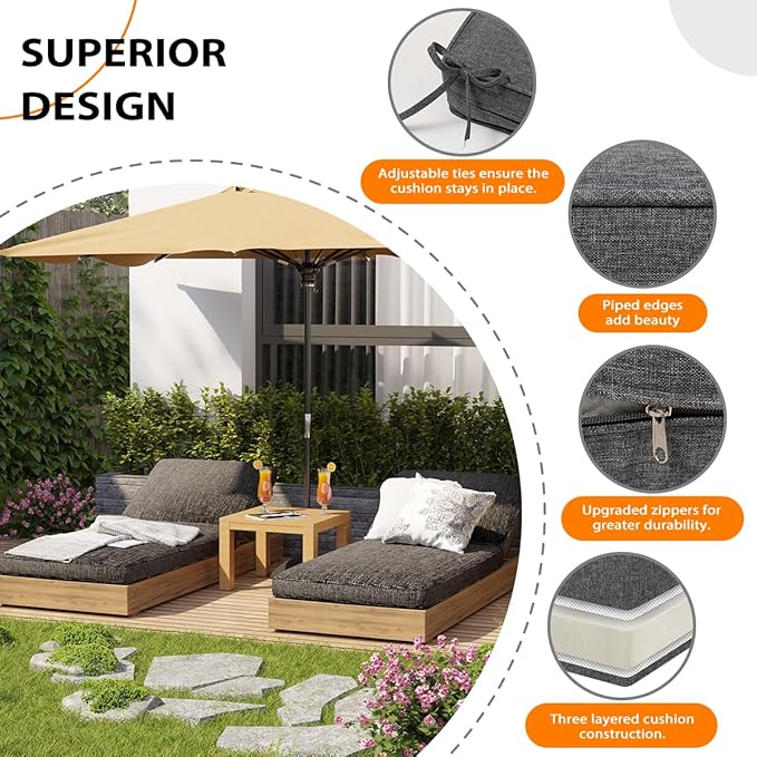 Sundale Outdoor Olefin Chaise Lounge Cushion, Water-Resistant Patio Lounge Chair Cushion, Thick Lounger Pad with 4 Straps Medium Gray, 80 x 26 x 4 Inches