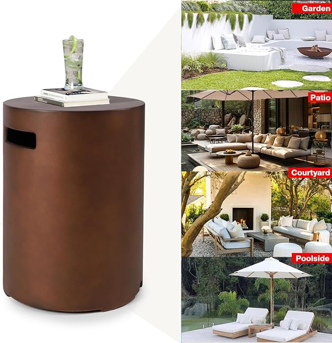 Propane Tank Cover Table, Modern Outdoor Gas Tank Covers, φ16 X 20inch Concrete Tank Storage Box Hideaway Table for Propane Gas Fire Pit and Round Tank Holder with Handles (Brown)