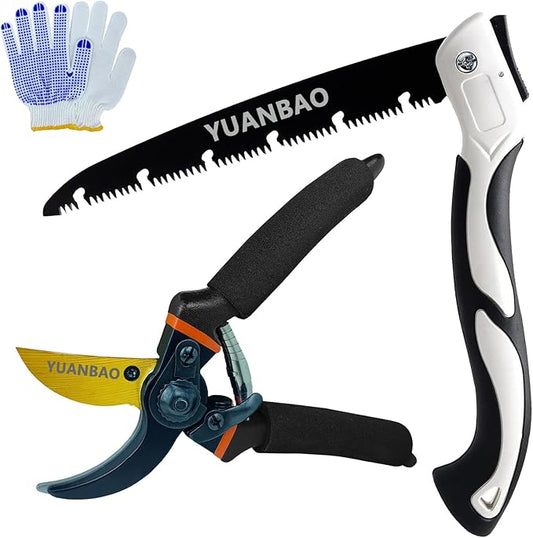 Garden Pruning Kit, 8.5-Inch Bypass Pruning Shears + 10-Inch Folding Pruning Hand Saw + Adhesive Cotton Gloves, Precision Garden Secateurs, Plant Clippers, Gardening Scissors