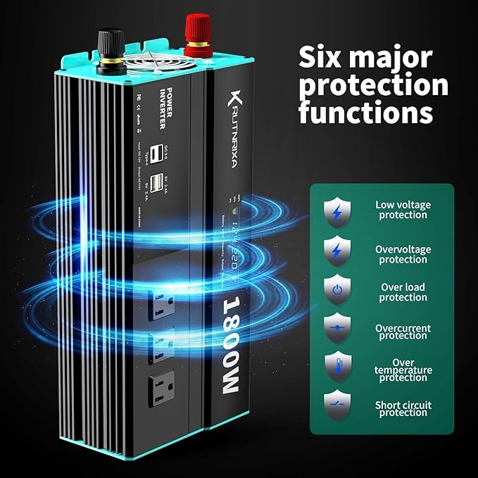 Power Inverters 500W 12V DC to 110V AC Converter for Vehicles USB-C/PD 25W Fast Charging Ports Car Charger Adapter with a Cigarette Lighter Ports Plug Outlet(Modified sine wave-1800W)