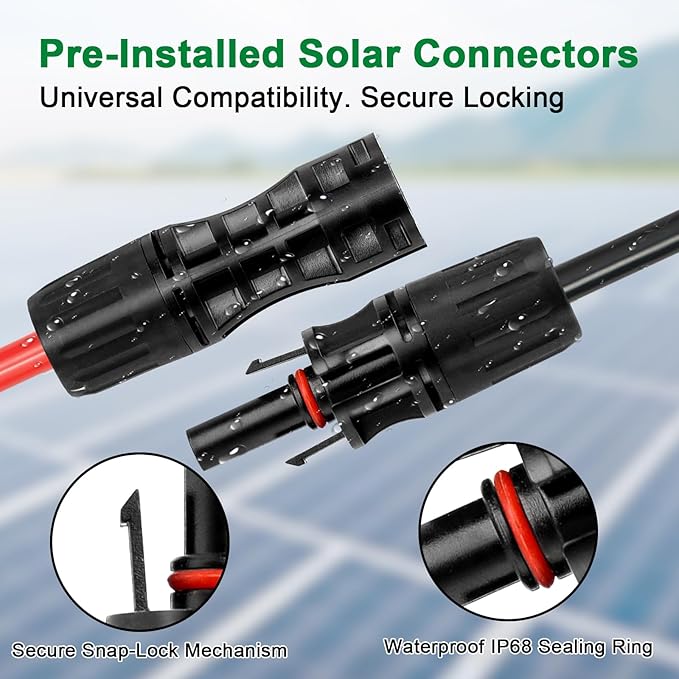Solar Extension Cable 8AWG 10FT 2-Pack (Red + Black), PV Wire with Male/Female Solar Connectors, Weatherproof Solar Panel Wire for RV, Boat, Inverter, Off-Grid Systems