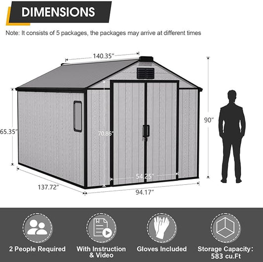 8 x 12 FT Resin Outdoor Storage Shed, All-Weather Plastic Garden Shed with Floor, Lockable Doors & Windows, Plastic Tool Shed for Poolside, Backyard, Patio