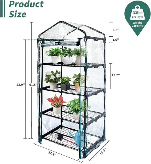 4 Tier mini Indoor Greenhouse Upgraded with Shelf Clips,27"x19"x62" Greenhouse for Indoors&greenhouses for Outdoors with PVC Cover and Roll-Up Zipper Door
