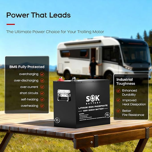 SOK Battery 12V 206Ah LiFePO4 Lithium Battery Deep Cycle Lithium Iron Phosphate Battery with Low-Temp Protection & Built-in Heater Suitable for RV and Solar & Wind Off-Grid Use