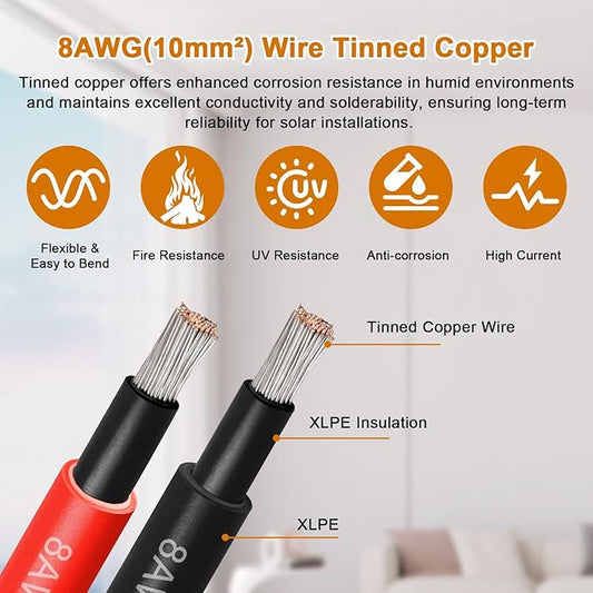8AWG Solar Cable - 25FT Solar Panel Extension Cord 8 Gauge PV Wire with Flame Retardant Protective Sleeving Female & Male Waterproof Connector for RV, Photovoltaic Systems, Solar Panels (25 Feet)