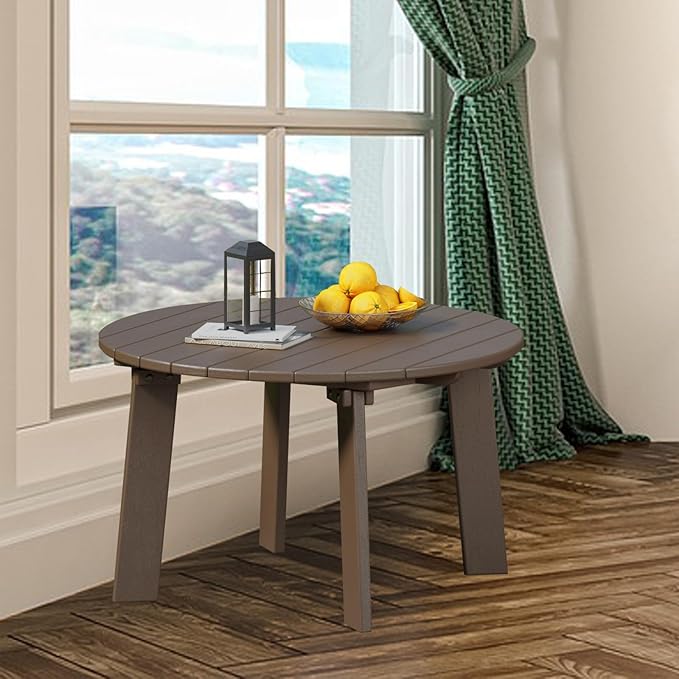 MINPINSER Outdoor Round Coffee Table, Adirondack Patio Coffee Table, Outdoor Large Side Table for Balcony Lawn (Brown)