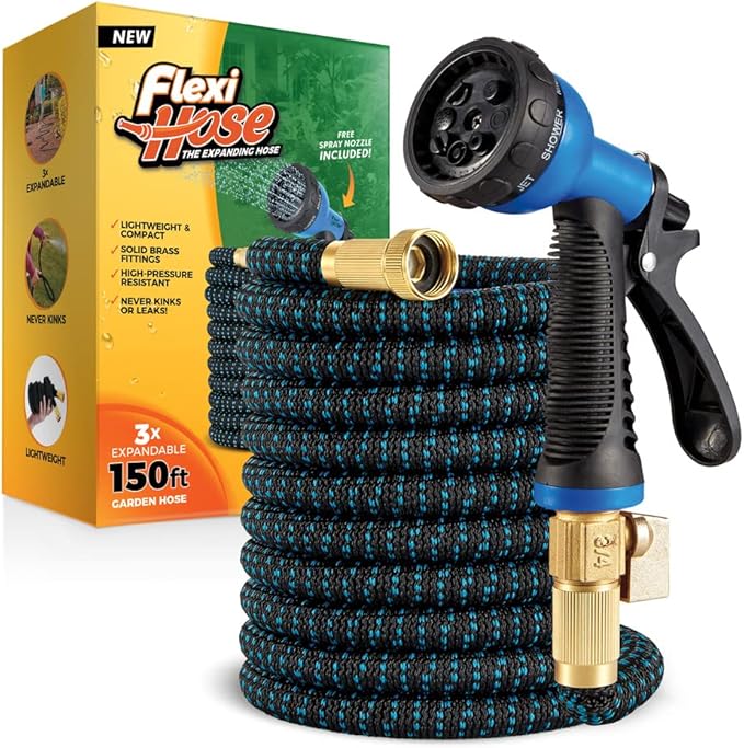 Flexi Hose Expandable Garden Hose with 8 Function Nozzle, 150FT - Lightweight Retractable Garden Hose, Water Hose - No-Kink Flexibility, 3/4 Inch Solid Brass Fittings and Double Latex Core