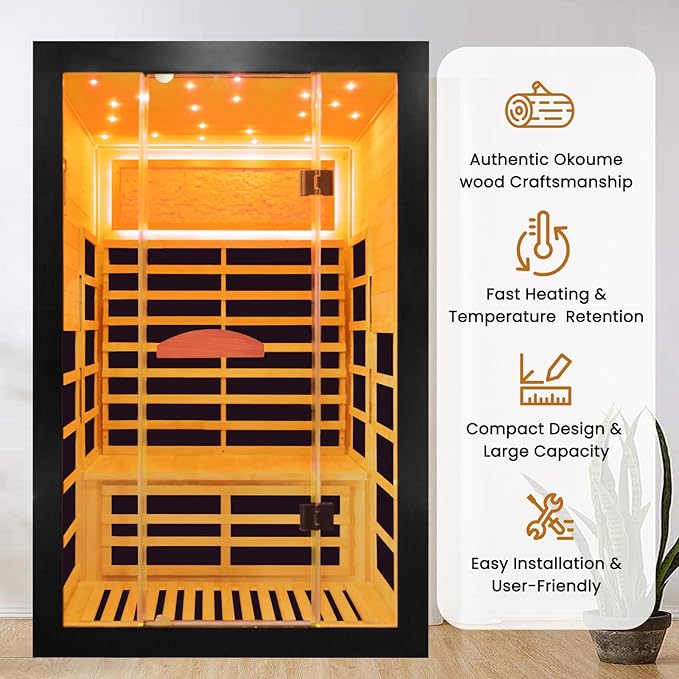RIGO Far Infrared Sauna for Home 2 Person Sauna for Home Okoume Wood Red Sauna with Low EMF Infrared Sauna 2000W Dry Sauna 2 Person with 7 Colorful Light, Speaker and Tempered Glass Door
