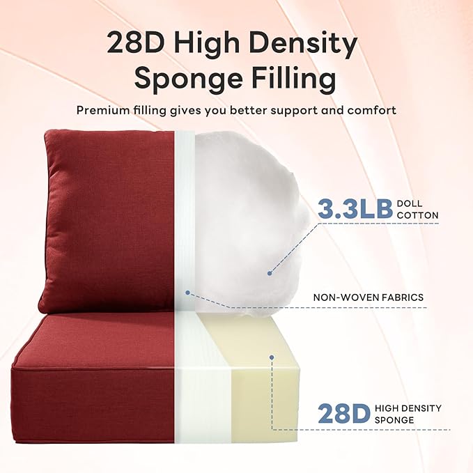 6" Thicker Outdoor Chair Cushion 6 Sets - 24" *24" *6" Waterproof Patio Furniture Cushions with Removable Cover, 28D High Density Sponge Filling Thicken Outdoor Patio Cushions - Red