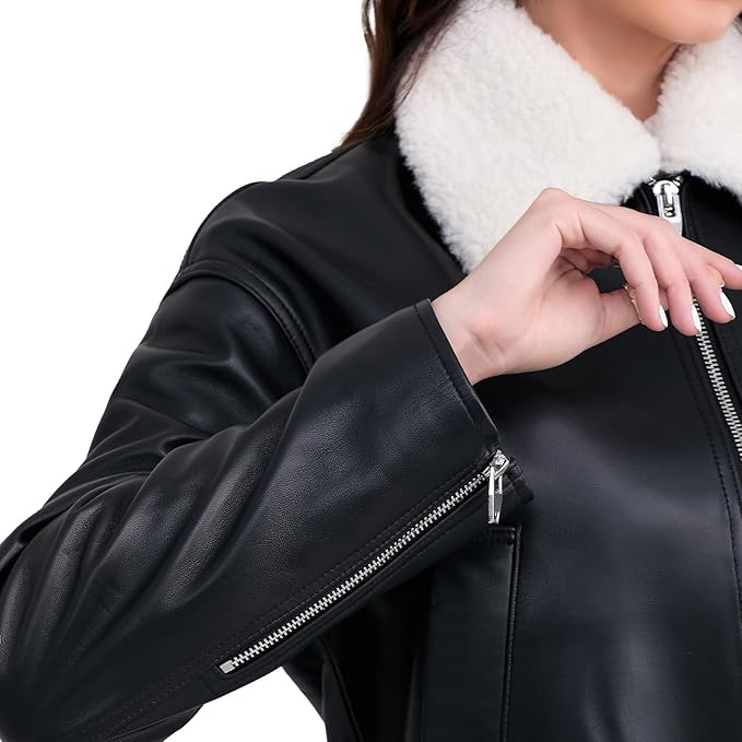 Leather Jacket Women,Cropped Lambskin Bomber Jacket,Removable Sherpa Collar, Zip Front, Elasticized Hem