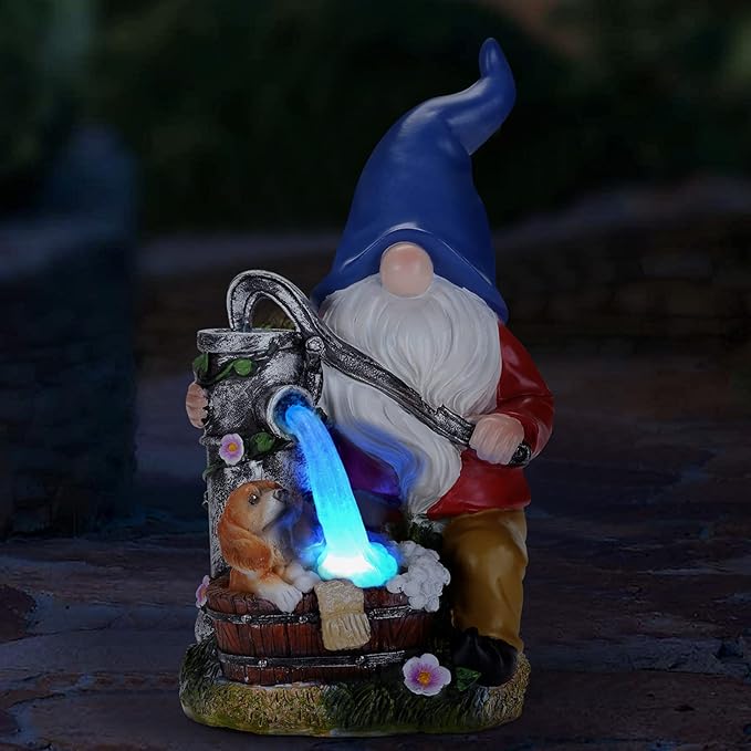 Panven Garden Gnome Statue, Gnome Decoration for Yard with Blue Solar Light, Patio Porch Yard Garden Decor for Outside, Lawn Ornament