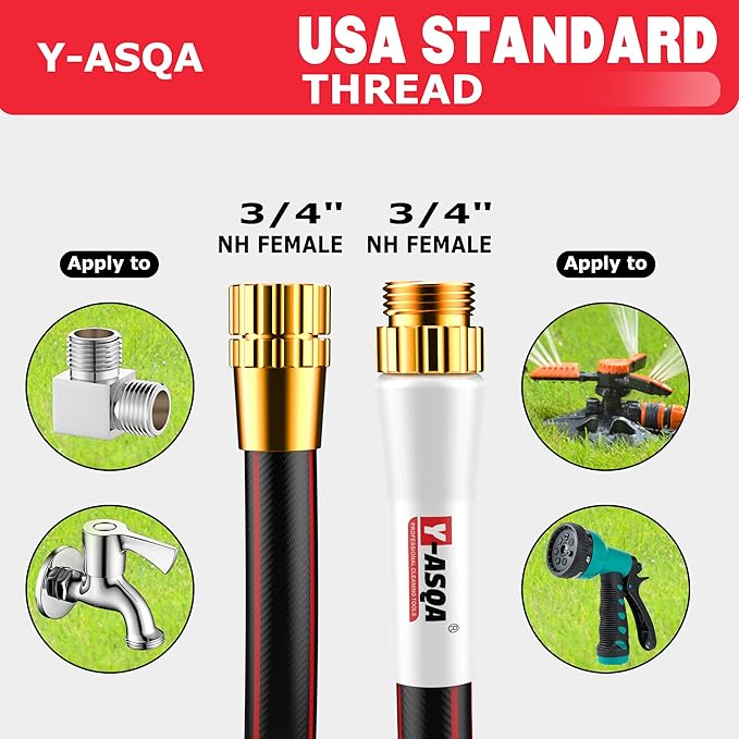 YASQA Water Hose 50 Ft, Flexible, Leakproof, Lightweight Lead In Rubber Hose 5/8" Diameter X 50ft Kink Free 150PSI Durable High Burst Strength Industrial Garden Hose