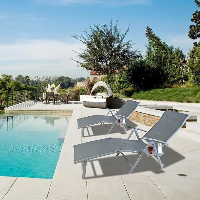 Kozyard Cozy Aluminum Reclining Lounge Chair - Perfect for Beach, Yard, Pool, Deck, and Patio - Outdoor Chaise Lounge with Drink Holder, Weather Free, Adjustable - Assemble-Free (1 Pack, Grey)