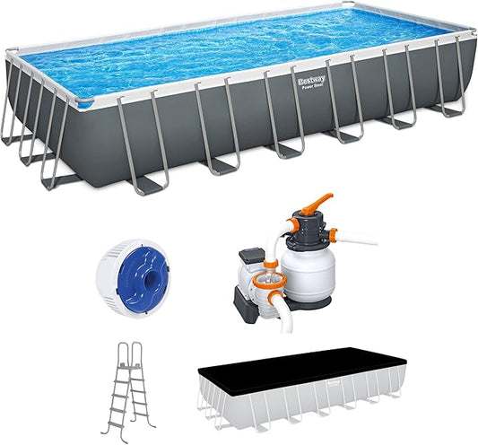Bestway Power Steel 24' x 12' x 52" Rectangular Metal Frame Above Ground Swimming Pool Set with 1500 GPH Sand Filter Pump, Ladder, and Pool Cover