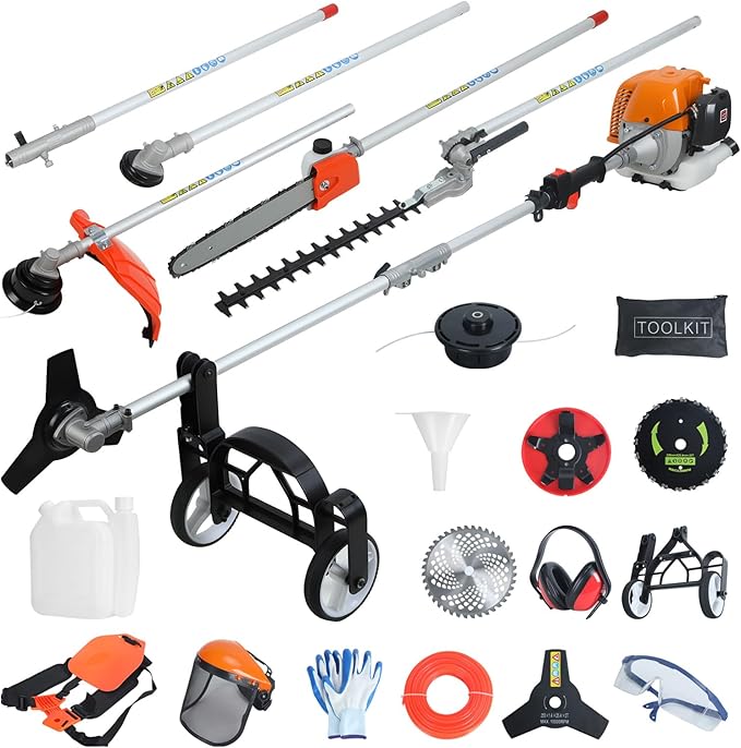 2025 New 8-in-1 Multi-Functional Trimming Tool, 52CC 2-Cycle Gas Powered Weed Eater, String Trimmer, Hedge Trimmer, Edger, Brush Cutter, Pole Chainsaw Pruner with Extension Pole (Orange-8 in 1)