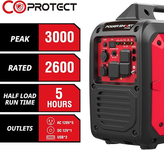 PowerSmart 3000-Watt Portable Inverter Generator, CO Protect Super Quiet for Camping Home Backup Use