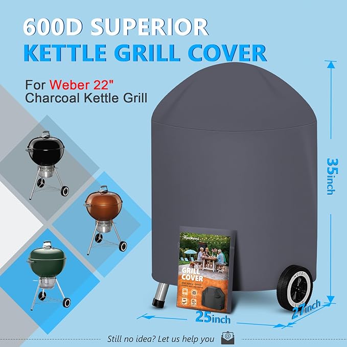 HomWanna 22 Inch Kettle Grill Cover - Superior Charcoal Cover for Weber Original and Master Touch - 600D Outdoor BBQ Cover for 22 Inch Weber Grills and More