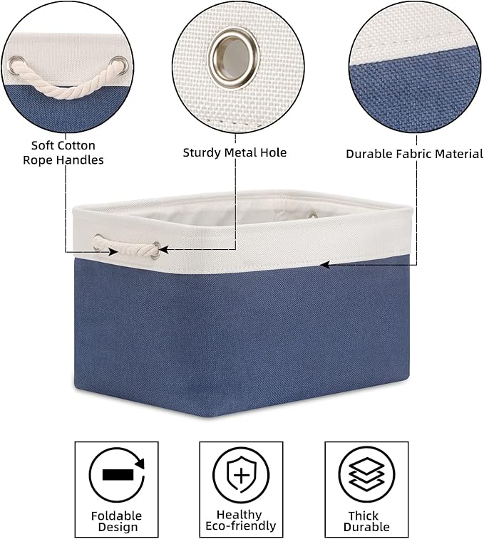 Bidtakay Storage Baskets Collapsible [3-Pack] Decorative Storage Bins with Cotton Rope Handles 15 X 11 X 9.5 Inch Organizing Baskets for Shelves Clothes Closet Navy Blue Baskets for Gifts Empty