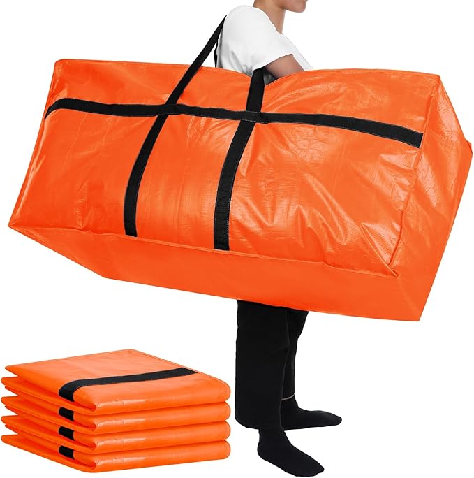 Windyun 4 Pack 57 Gallon Extra Large Storage Bags XXL Moving Bags with Zipper Handles Heavy Duty Jumbo Big Tote Box for Christmas Tree Storage 4, 5, 7.5, 9, 10, 12 ft Skeleton College Dorm(Orange)