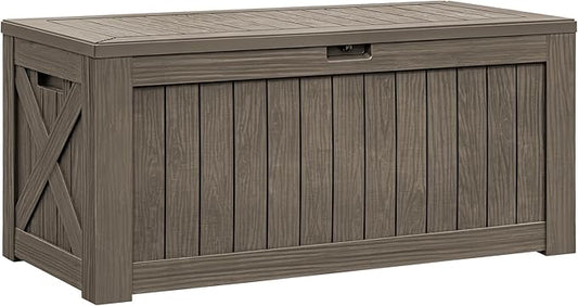 Flamaker Resin Deck Box 120 Gallon Waterproof Large Outdoor Indoor Storage Box Imitation Wood Resin for Patio Furniture Garden Tools and Pool (Brown)