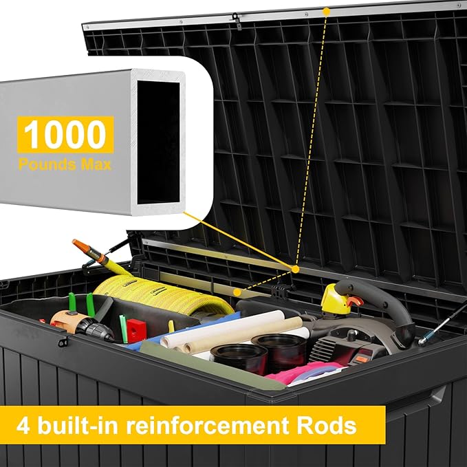 Vixzen 280 Gallon Resin Deck Box, Lockable Outdoor Storage Box for Patio Cushions Storage Furniture,Garden Tools, Pool Supplies, Weatherproof and UV Resistant- Black