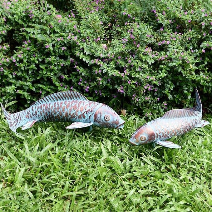 CLYB Garden Statues Koi Fish Decor Antique Copper Koi Garden Decor for Outside,Patio,Backyard,Pond,Home Decoration,Outdoor Metal Fish Sculptures Gardening Gifts for Women Mom Grandma,Set of 2