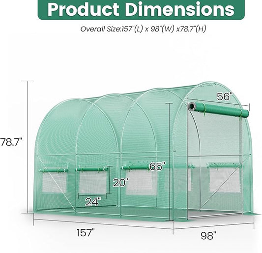 Walk-in Greenhouse 13×8×7FT, Outdoor Tunnel Greenhouse, Large Plant Hoop House for Outside, Hot House for Winter with 6 Ventilated Mesh Windows, Galvanized Steel Frame (Green, 13×8×7FT)