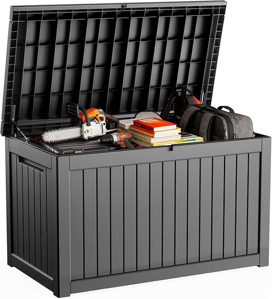 DRATO 280 Gallon Deck Box, Outdoor Large Waterproof Resin Storage Box with Lockable Lid for Patio Cushions, Gardening Tools, Black