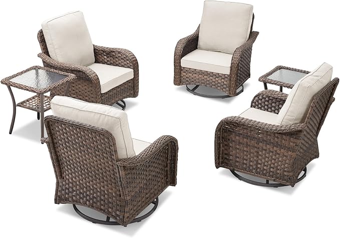 Patio Wicker Chairs Swivel Rocker-Outdoor Swivel Rocker Chair Set of 4 with Wicker Glider Rocker Set, PE Rattan Rocking Chair with 2 Side Table for Balcony Deck Porch Brown/Beige