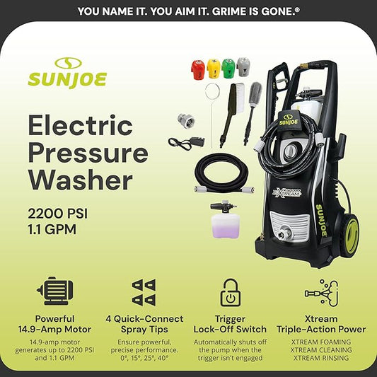 Sun Joe SPX3000-XT1 XTREAM 2,500 PSI Pressure Washer with 14.9A Motor, Includes 4 Quick-Connect Nozzles, High-Pressure Hose, Garden Hose Adapter, and 35-Foot Power Cord