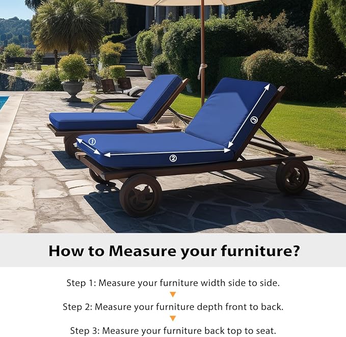 Sundale Outdoor Olefin Chaise Lounge Cushion Set of 2, Water-Resistant Patio Lounge Chair Cushion, Thick Lounger Pad with 4 Straps Dark Blue, 80 x 26 x 4 Inches