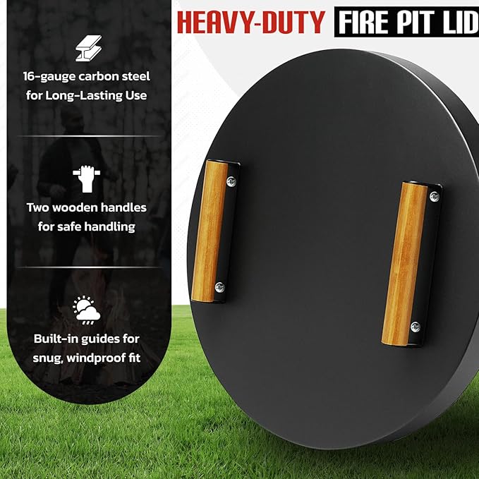 FEBTECH - Smokeless Fire Pit Accessories Combo - Heavy Duty Carbon Steel 15" Firepit Base Ring,15.5" Lid with 2 Wooden Handles - Fireplace Tools Kit for Camping, Patio, Bonfire Use