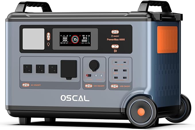 OSCAL PowerMax 6000 Solar Generator, 120/240V Split Phase Voltage 6000W AC Outlets (9000W Peak), 3600Wh LFP Battery Power Station, Expandable to 57.6kWh, 2200W/1.96H Fast Charging for Home, Emergency