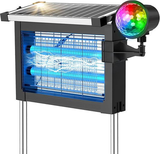 2 in 1 Solar Bug Zapper Outdoor, Outdoor Projector Light Waterproof with 14 Different Lights, 4500V Rechargeable Mosquito Killer with Solar Panel Sensor, Electric Fly Trap for Patio Yard