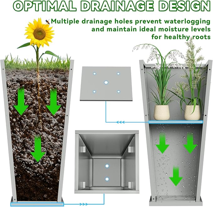 Tall Metal Planter Box, 15" L x 15" W x 30" H 2-Pack Outdoor Planters with Removable Tray, Heavy Duty Steel Front Porch Planters for Patio, Balcony, Indoor(Gray)