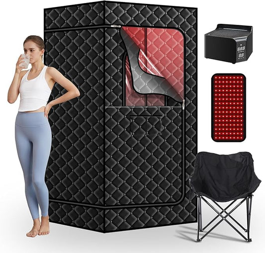 Portable Infrared Sauna Box with 660nm Red Light Therapy, Personal Dry Wind Saunas Tent with Large Folding Chair, 99 Mins Timer & 185℉ Temperature, for Home Spa Relaxation & Detoxification