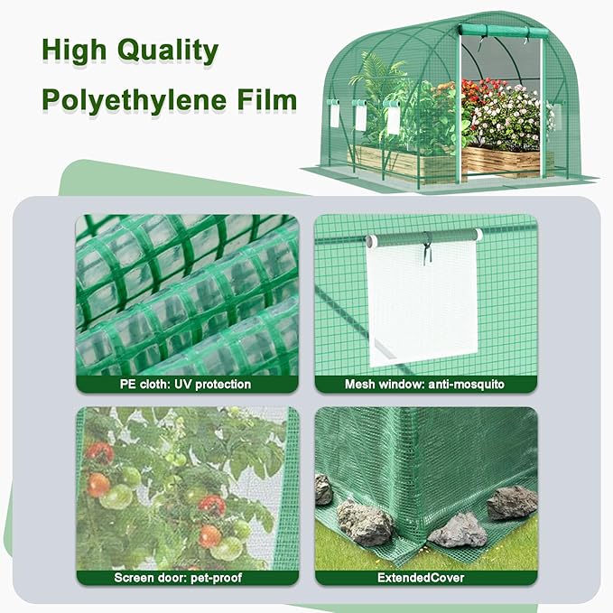 11.4x6.5x6.5 FT Greenhouse, Large Walk-in Green Houses for Outside, Tunnel Greenhouse with Thicken PE Cover with Mesh Door and 6 Ventilation Windows