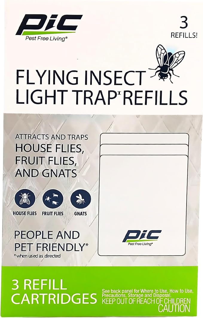PIC Flying Insect Light Trap Refill, Attracts & Trap House Flies, Fruit Flies, and Gnats - (3 Refill Cartridges)