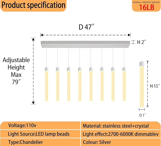 8-Lights Silver Modern Crystal Chandeliers for Dining Room Dimmable LED Adjustable Height Hanging Pendant Light for Kitchen Island,Bedroom,Over Table,Living Room