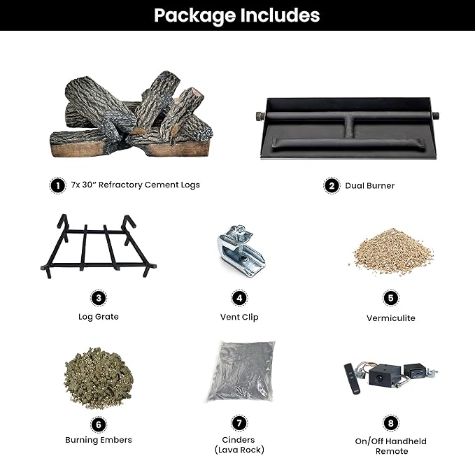 30" Premium Gas Logs - Remote Control Kit Included - for Liquid Propane Vented Fireplaces - Blazing Oak Design (Logs + Remote Light Kit)